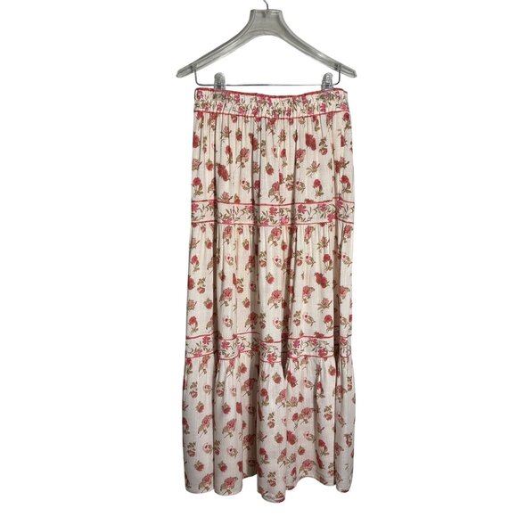 Floral Boho Maxi Skirt By Rose+Olive Resort M Beige & Pink Tiered Elastic Waist - Picture 2 of 11